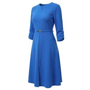 Women's 3/4 Sleeve Dress with Belt Keyhole Formal Midi Dress Royal Blue